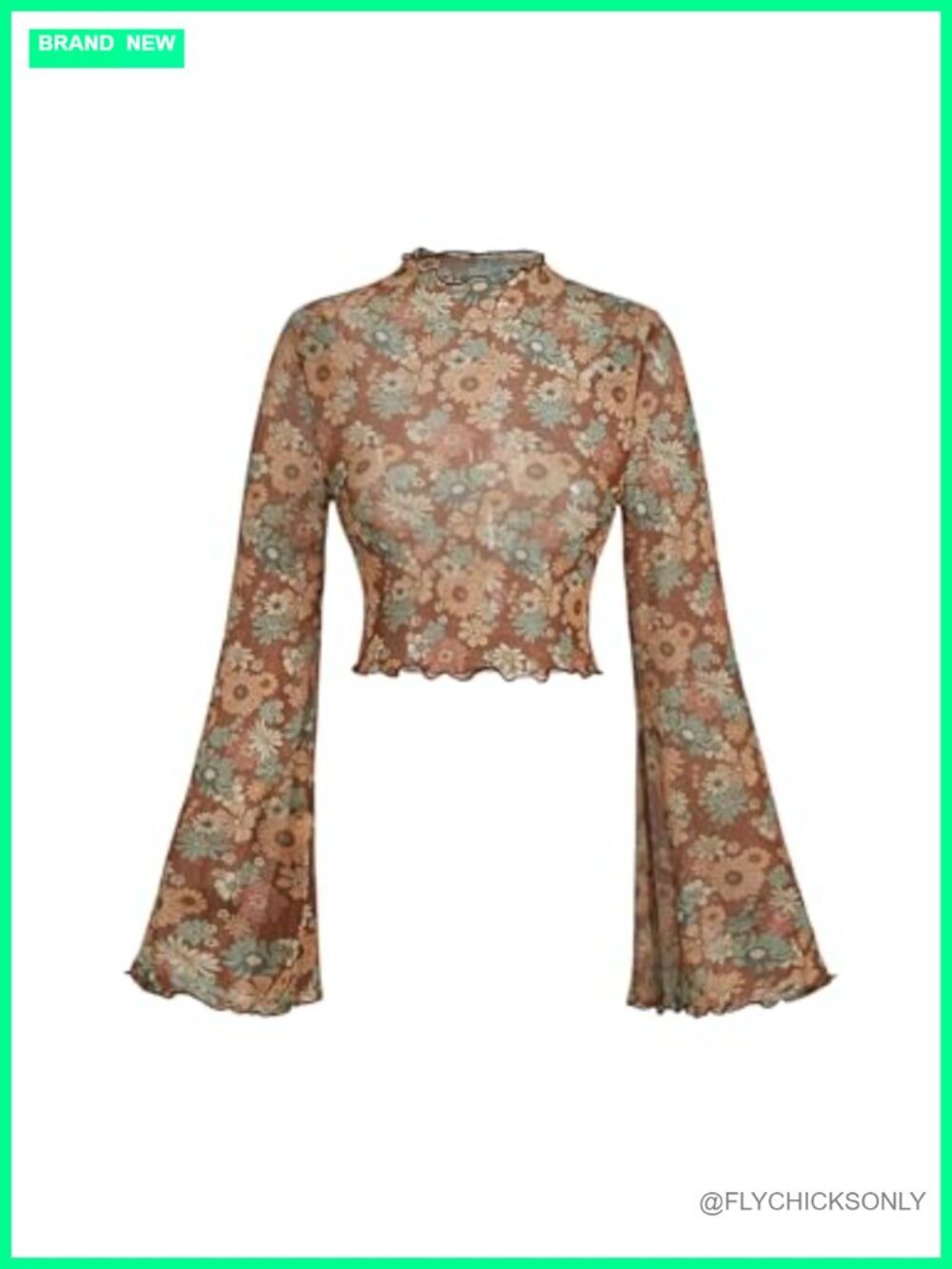 Crop Top Long Sleeve Sheer Mesh Floral Lettuce Trim High Neck Pull On